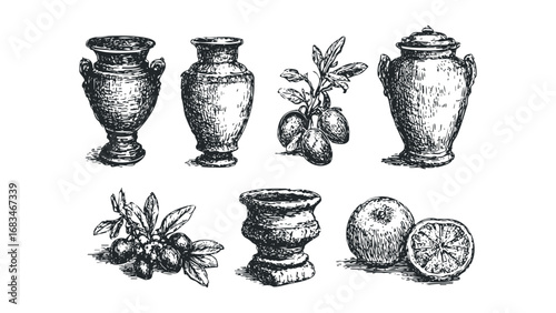 Antique amphora and fruit sketch collection. Vector hand drawn illustration