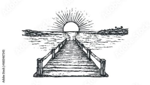 Wooden pier leading to ocean sunrise with sunburst over horizon. Vector hand drawn illustration