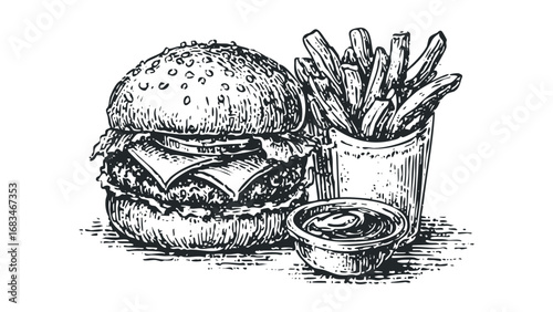 Sketch of a double patty cheeseburger with french fries and dipping sauce. Vector hand drawn illustration