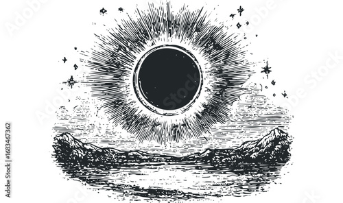 Graphic representation of solar eclipse over mountains and water. Vector hand drawn illustration