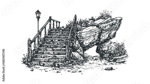 Hand drawn stone staircase beside rock formation and lamppost. Vector hand drawn illustration