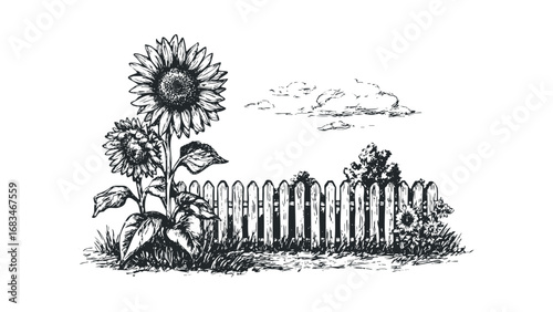 Sketch of sunflowers growing next to a wooden picket fence with scattered clouds in the sky. Vector hand drawn illustration