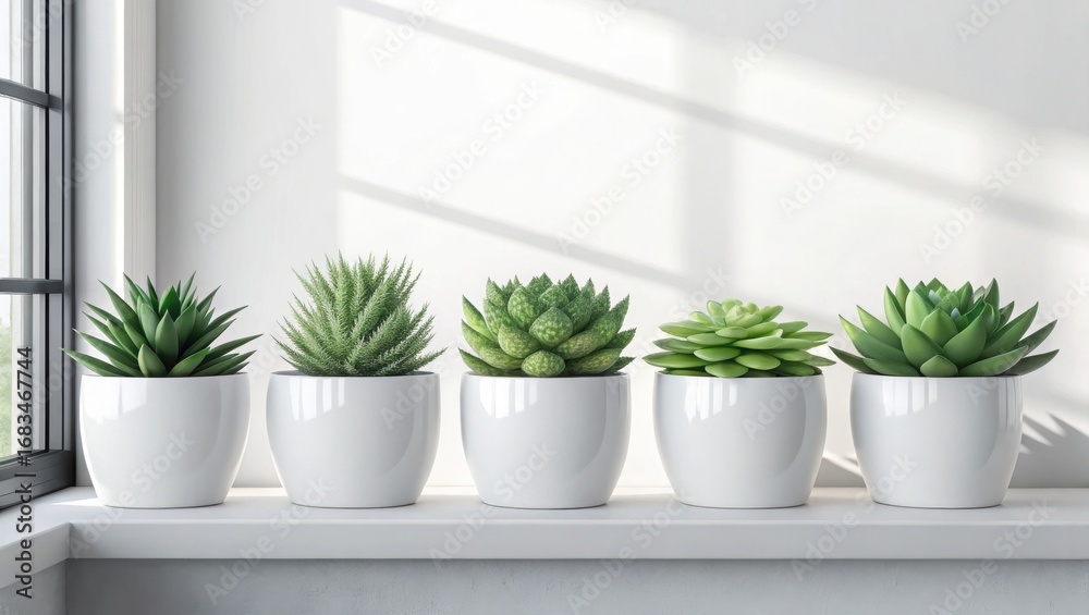 Obraz premium Five potted succulent plants arranged in a row on a windowsill with natural light casting shadows