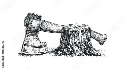 Old axe resting against a rough wood stump. Vector hand drawn illustration