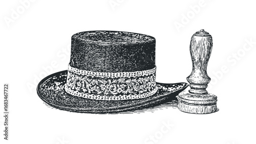 Vintage top hat with decorative band beside a wooden sealing wax stamp. Vector hand drawn illustration
