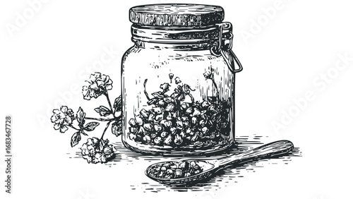 Hand drawn sketch of dried seeds in a glass jar with a sprig of blossoms and a wooden spoon. Vector hand drawn illustration