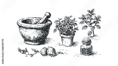 Antique Mortar Pestle with Herbs in Pots and Spice Jar. Vector hand drawn illustration