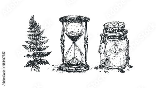 Sketch of hourglass, fern leaf, and lit candle in a jar. Vector hand drawn illustration
