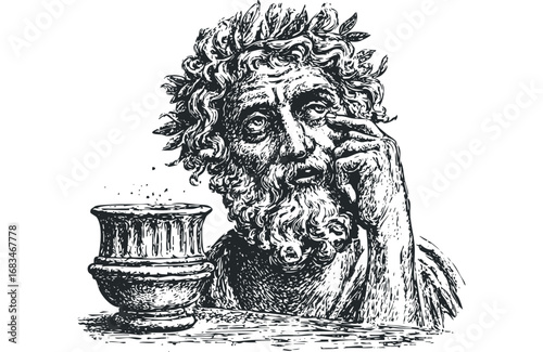 Ancient philosopher with laurel wreath and urn contemplation. Vector hand drawn illustration