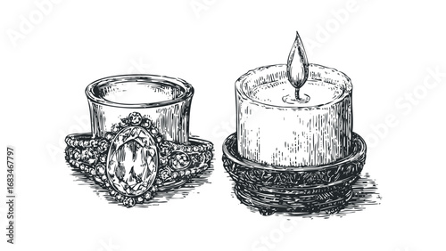 Hand-drawn antique ring and lit candle on pedestal. Vector hand drawn illustration