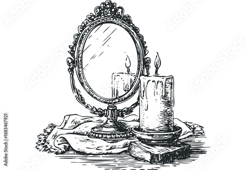 Vintage Vanity Mirror Reflecting Lit Candles with Fabric and Book. Vector hand drawn illustration