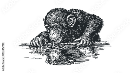 Chimpanzee drinking water from rippling surface in vintage etching style. Vector hand drawn illustration