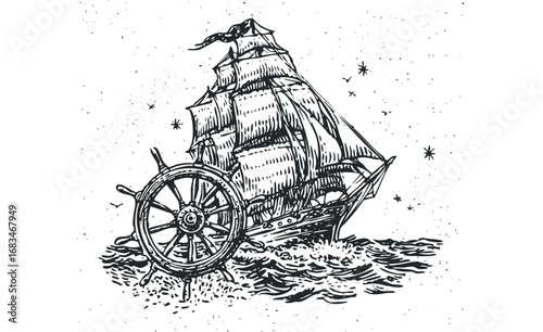 Tall sailing ship with helm on choppy waves under starry sky. Vector hand drawn illustration