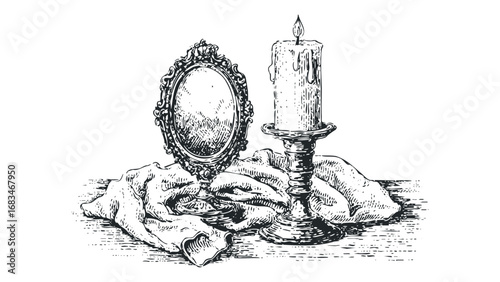 Antique ornate mirror and lit candle on textured cloth surface. Vector hand drawn illustration