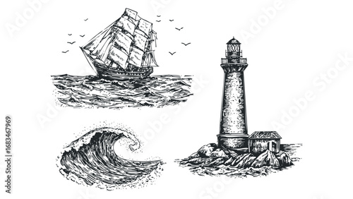 Sailing ship on ocean waves near lighthouse and breaking wave. Vector hand drawn illustration