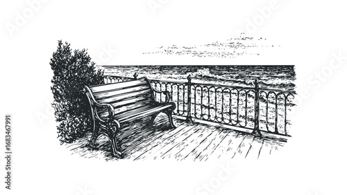 Empty wooden park bench with ornate railing overlooks ocean waves and sky. Vector hand drawn illustration