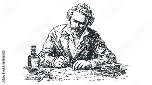 Penmanship artwork of a bearded man writing with ink and quill. Vector hand drawn illustration