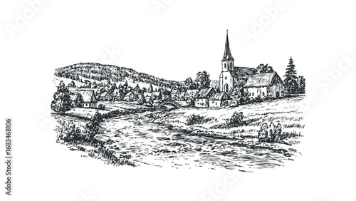 Hand drawn sketch of a rural village with a church and river. Vector hand drawn illustration