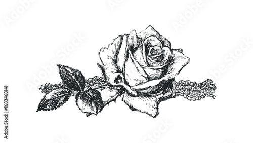 Sketch of a lush rose with leaves and berries on a transparent background. Vector hand drawn illustration