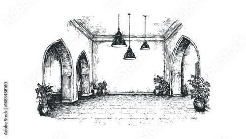 Hand-drawn sketch of an interior hallway with arched doorways and hanging lamps. Vector hand drawn illustration