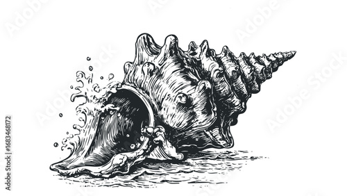 Detailed black and white drawing of a large seashell with splashing water. Vector hand drawn illustration