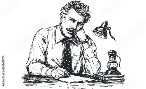 Man with mustache writing with pen at desk with lamp and books. Vector hand drawn illustration
