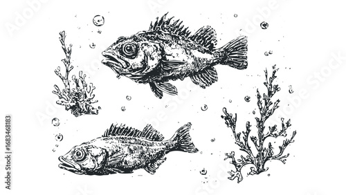 Two rough fish swim near coral on transparent. Vector hand drawn illustration
