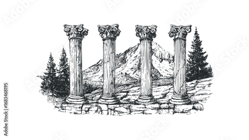 Sketch of ancient Ionic columns in a rocky mountain landscape with pine trees. Vector hand drawn illustration