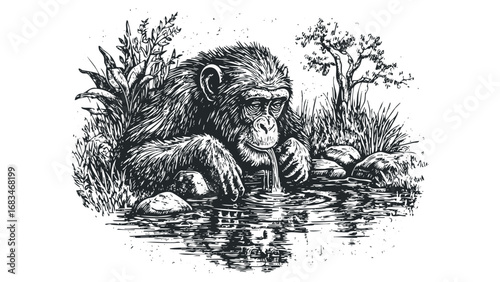 Chimpanzee drinking water from stream in wilderness environment. Vector hand drawn illustration