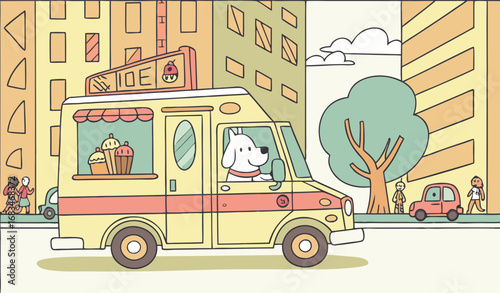 A dog driving an ice cream truck in a street of a big city happy expression, bright cartoon style."