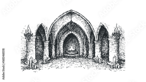 Ancient crypt interior with arched ceiling, stone pillars, and flickering candles. Vector hand drawn illustration