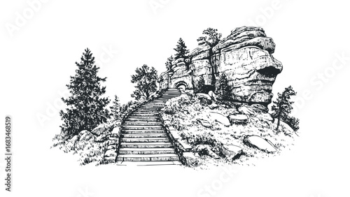 Stone staircase leading to ancient archway surrounded by trees and rocks. Vector hand drawn illustration