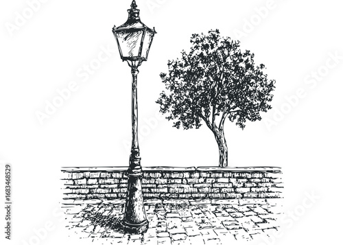 Antique street lamp stands next to a leafy tree over cobblestones and brick wall. Vector hand drawn illustration