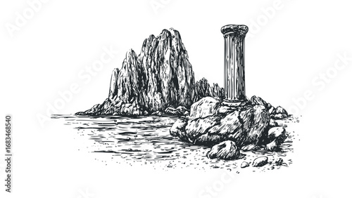 Ancient column and rocky outcrop by rippling water sketched on white. Vector hand drawn illustration