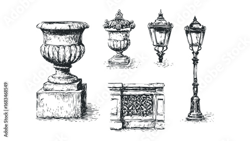 Sketch of ornamental urns and lampposts on white. Vector hand drawn illustration
