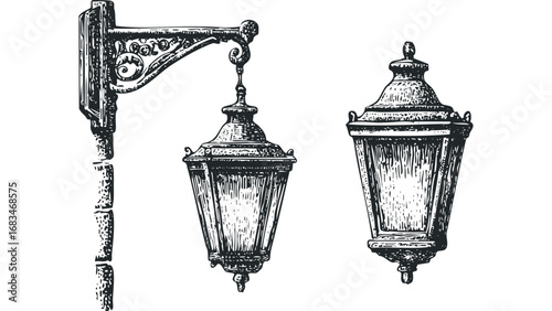 Vintage hanging lantern and wall sconce set, detailed ink drawing on white. Vector hand drawn illustration