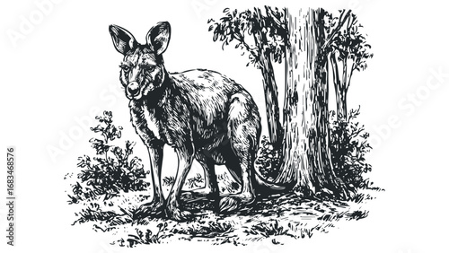 Kangaroo Standing Amidst Trees and Foliage in a Sketch Style. Vector hand drawn illustration