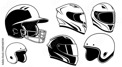 Vector Sport Helmet SVG Illustration Set with Modern Line Art Style and Monochrome Color Scheme for Web and Digital Design