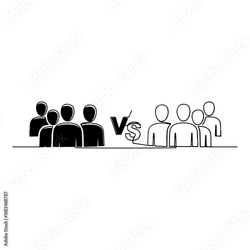 Vector illustration of two groups of people facing off symbolizing competition or contrast