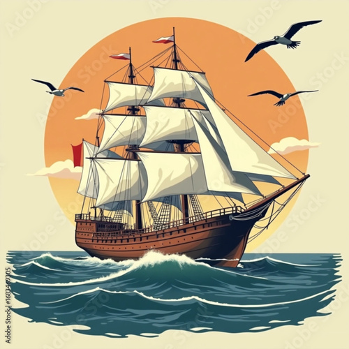 Sailing into the Sunset: A majestic tall ship gracefully navigates the open sea, with seagulls soaring above the waves, under a radiant sunset, evoking feelings of adventure and freedom.