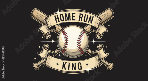 Vector SVG Illustration of Baseball Home Run King with Ribbon Banners and Bat Elements in Retro Style