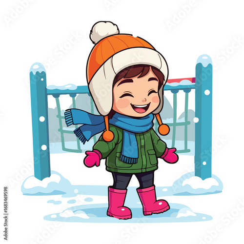 A happy little boy playing in the snow during winter