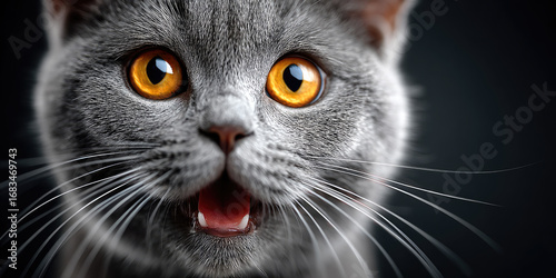 Close-up of a gray cat hissing, showing its teeth, and looking up, creating a spooky halloween atmosphere with its intense expression and dark background