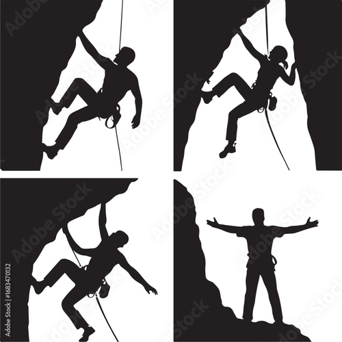 Rock climbing adventure silhouette set with extreme sports poses