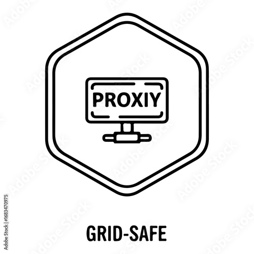 Modern hexagonal icon of a computer monitor with proxiy text for network security and data protection