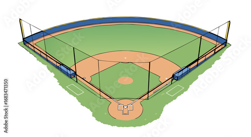 Vector SVG Illustration of Baseball Field with Geometric Shapes Flat Design in Green Blue and Tan Colors