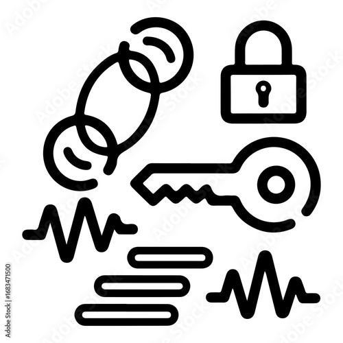 Secure access and data protection concept vector graphic with lock key chain and waveforms