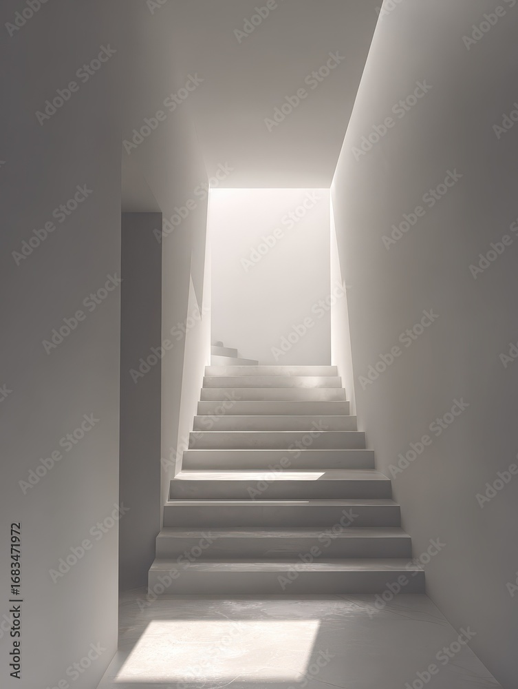 Fototapeta premium a modern staircase ascends framed by stark white walls that create a bright and airy atmosphere linear shadows cast by sunlight enhance the minimalist design evoking tranquility and elegance