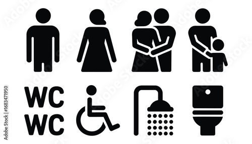  Collection of universally recognized restroom and facility pictograms for diverse user needs