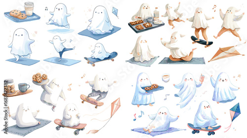 Charming illustration of cute ghosts doing daily activities like yoga, skateboarding, baking, and playing music. Fun kawaii characters for playful designs.